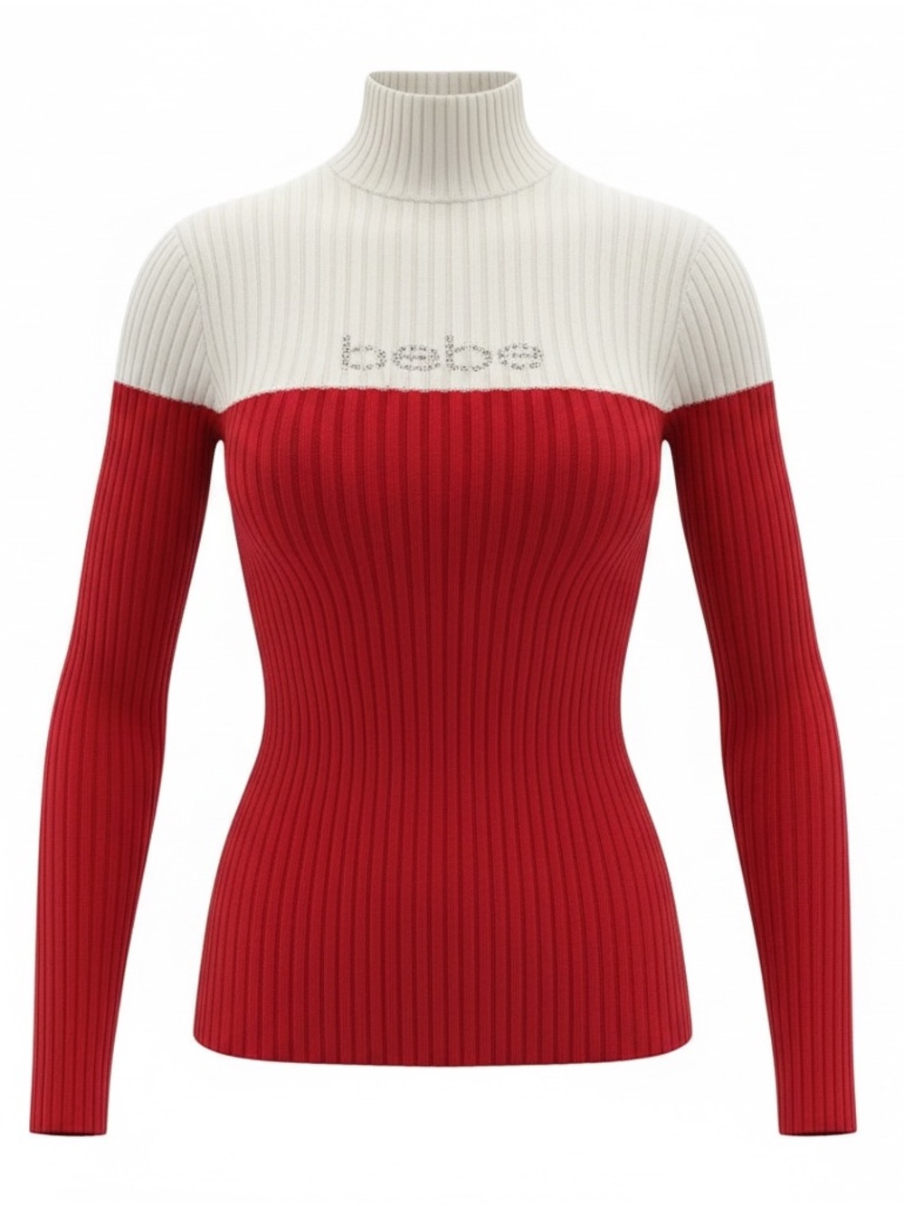 bebe Red and White Ribbed Turtleneck Sweater